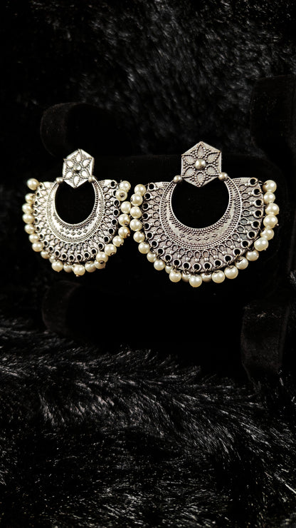 Vintage Oxidised Crescent Chandbali Earrings with Pearl Drops