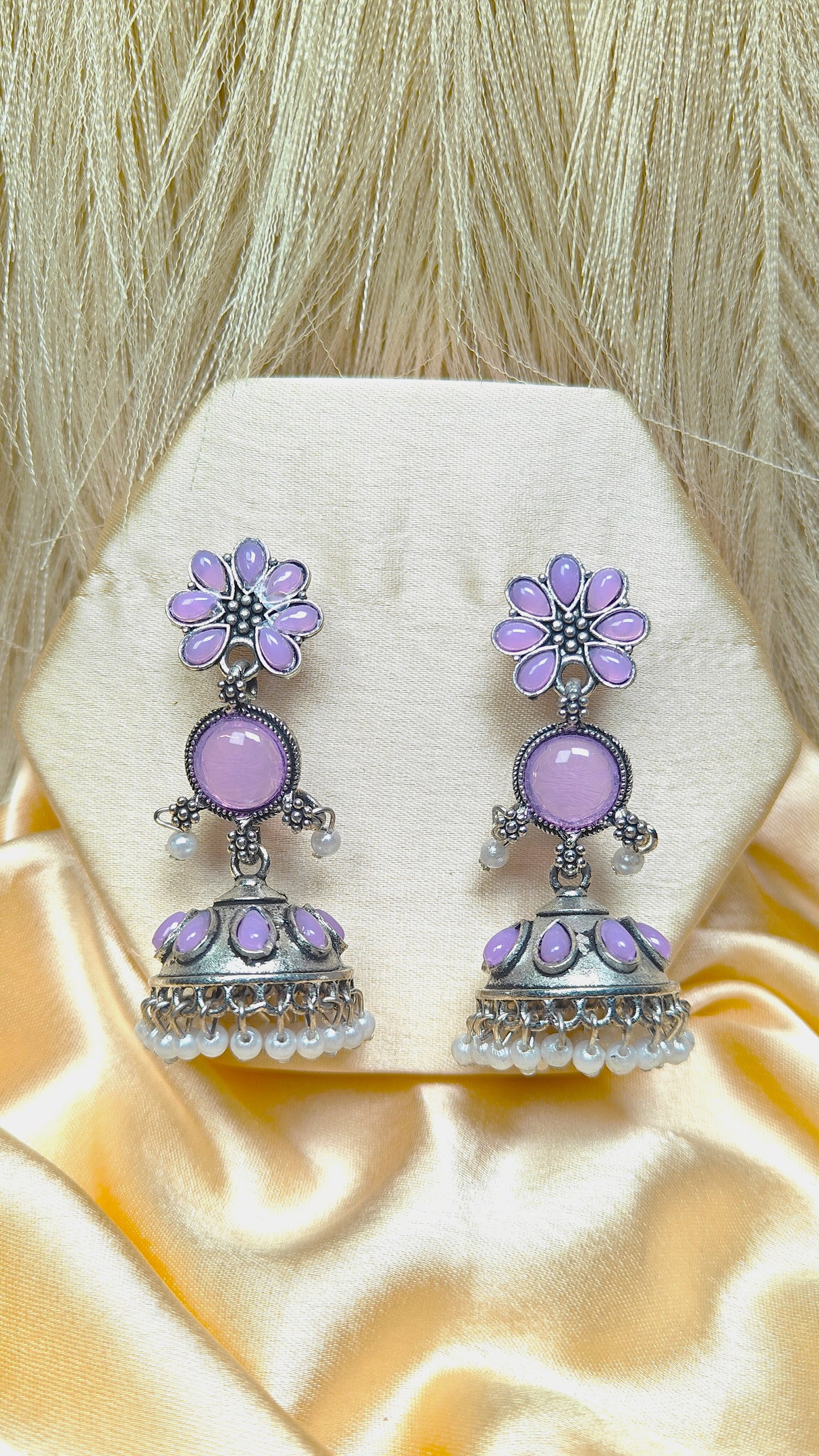 Lavender Blossom Oxidised Jhumka Earrings