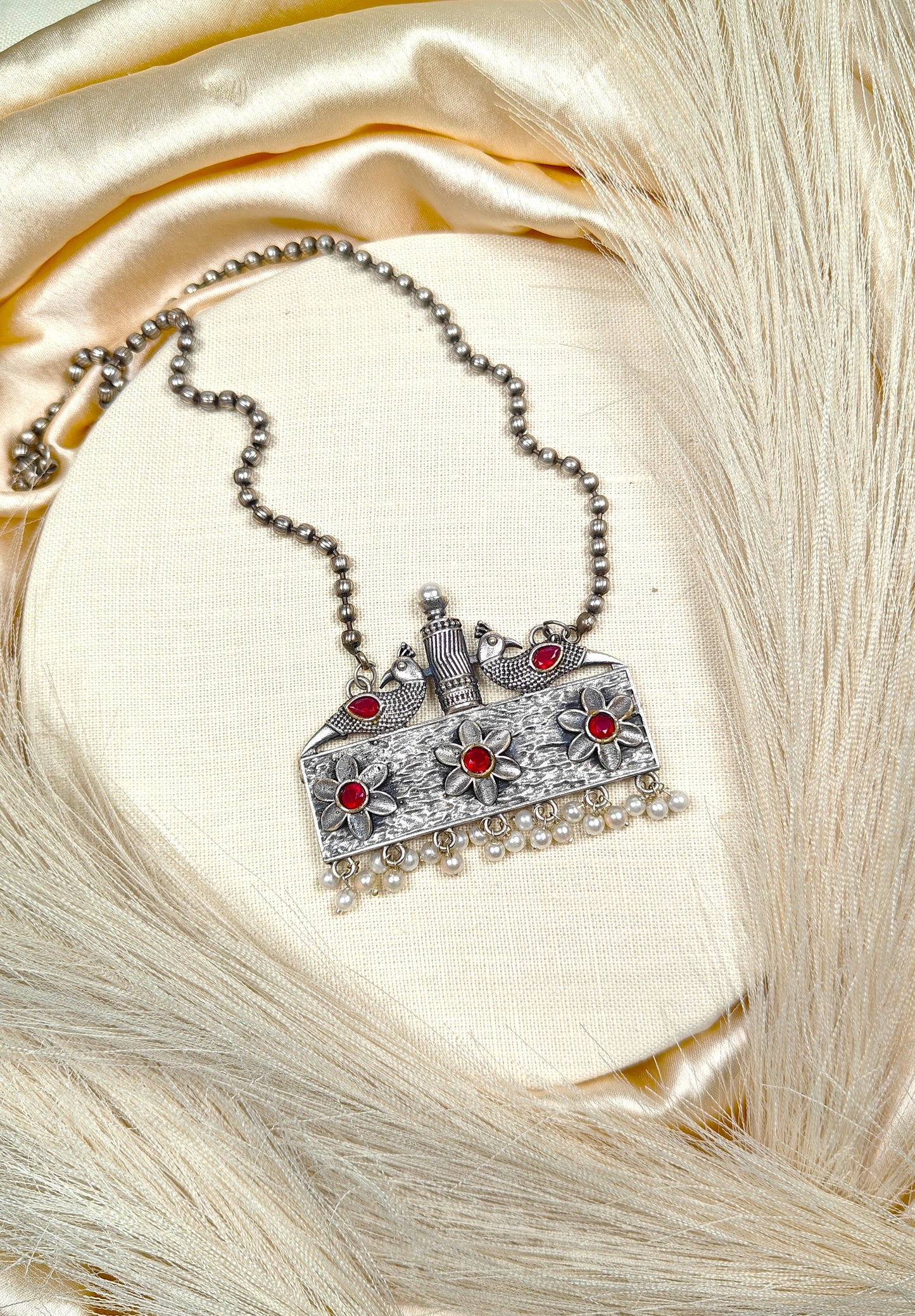 Oxidized silver peacock ruby stone necklace set