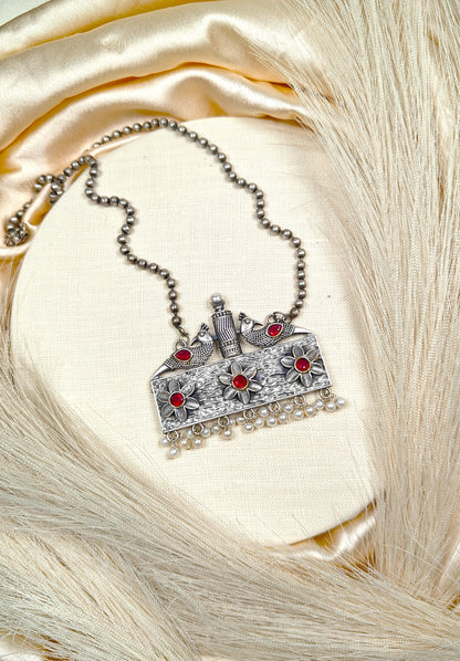 Oxidized silver peacock ruby stone necklace set