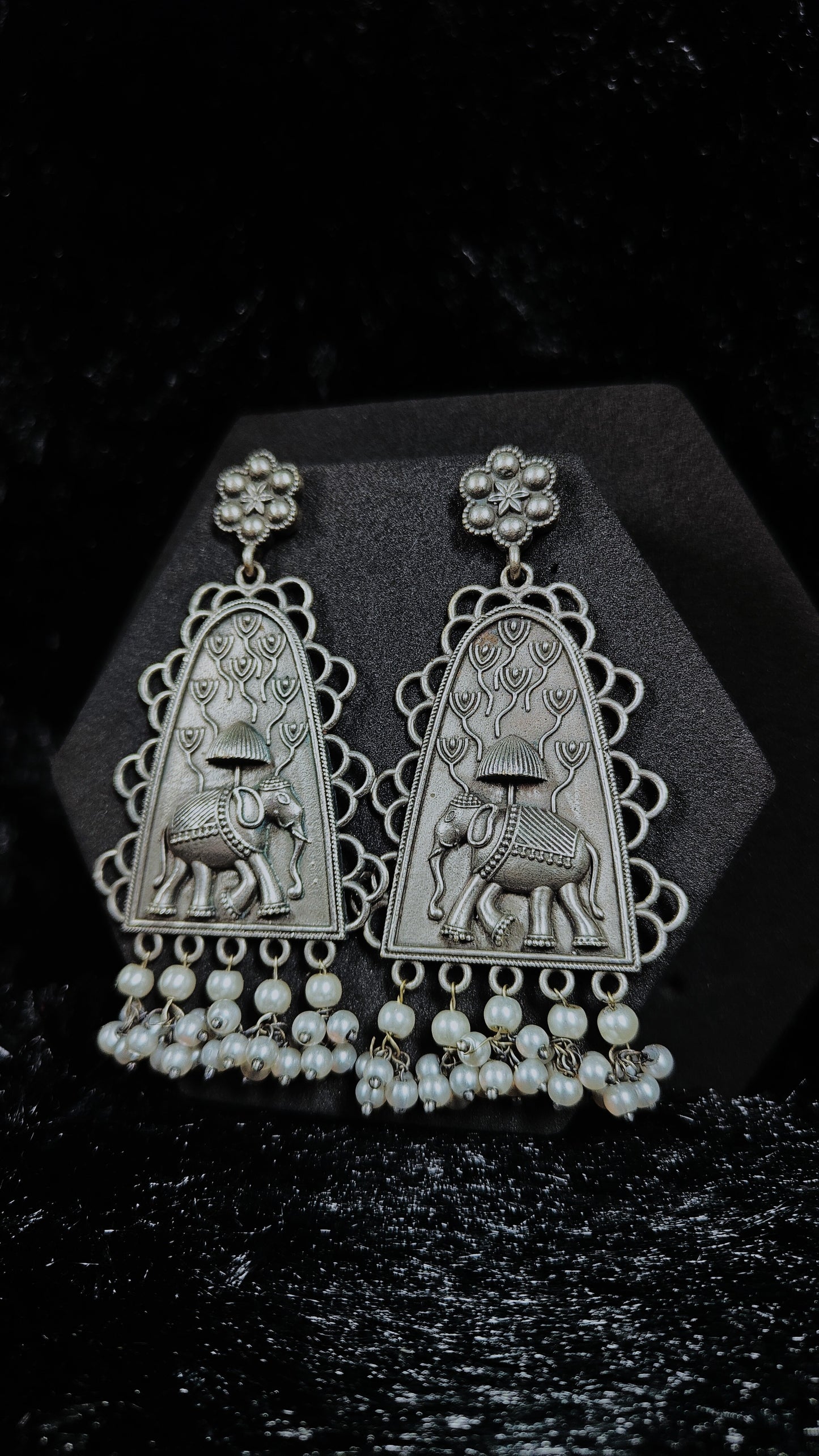 Antique Silver Oxidized Elephant Earrings with Pearl Drops