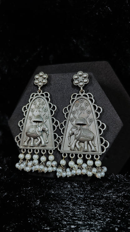 Antique Silver Oxidized Elephant Earrings with Pearl Drops