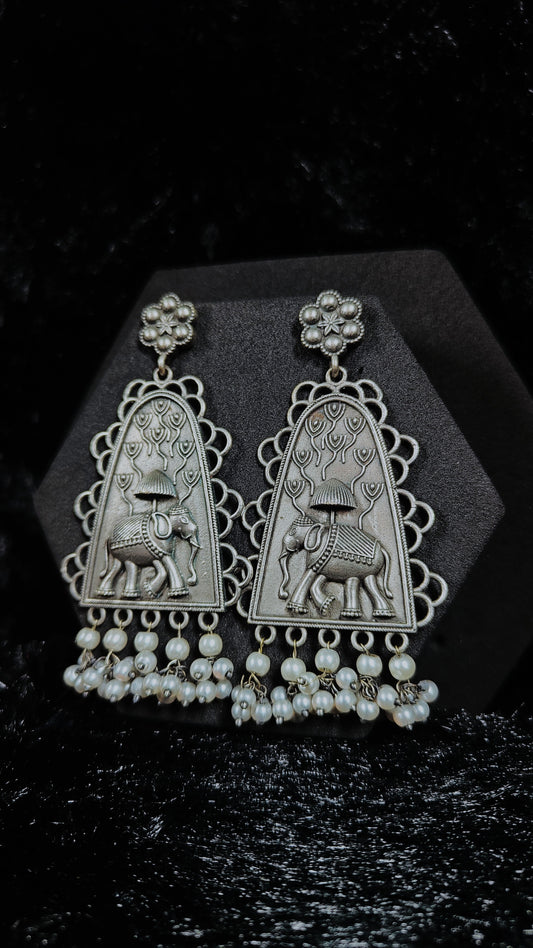 Antique Silver Oxidized Elephant Earrings with Pearl Drops
