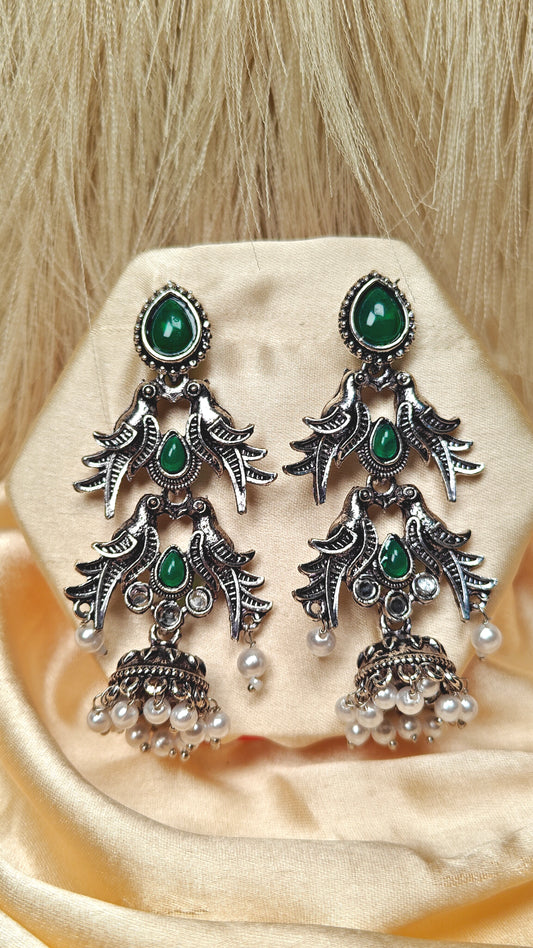 Emerald Sparrow Cascade Oxidised Jhumka Earrings