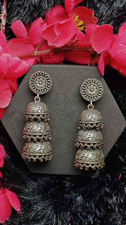 Triple Layer Silver Jhumka Earrings