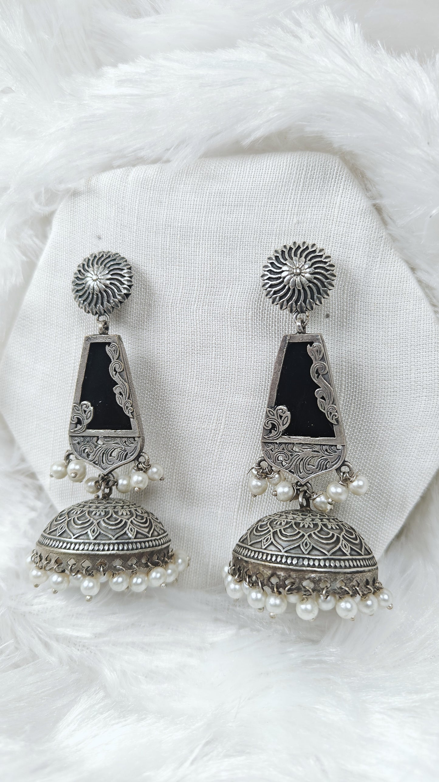 Oxidised black mirrior cone jhumka earrings