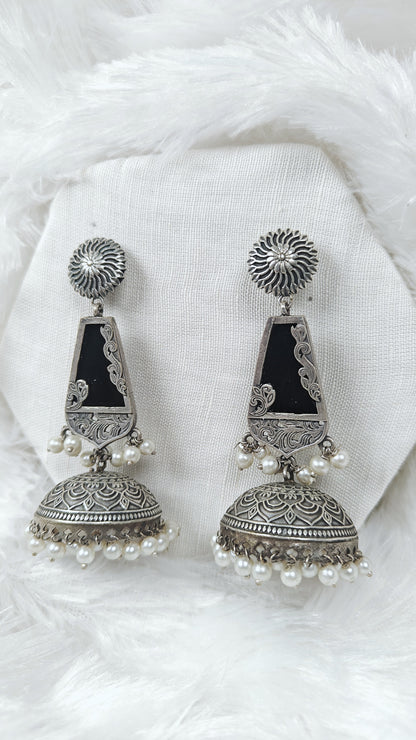 Oxidised black mirrior cone jhumka earrings