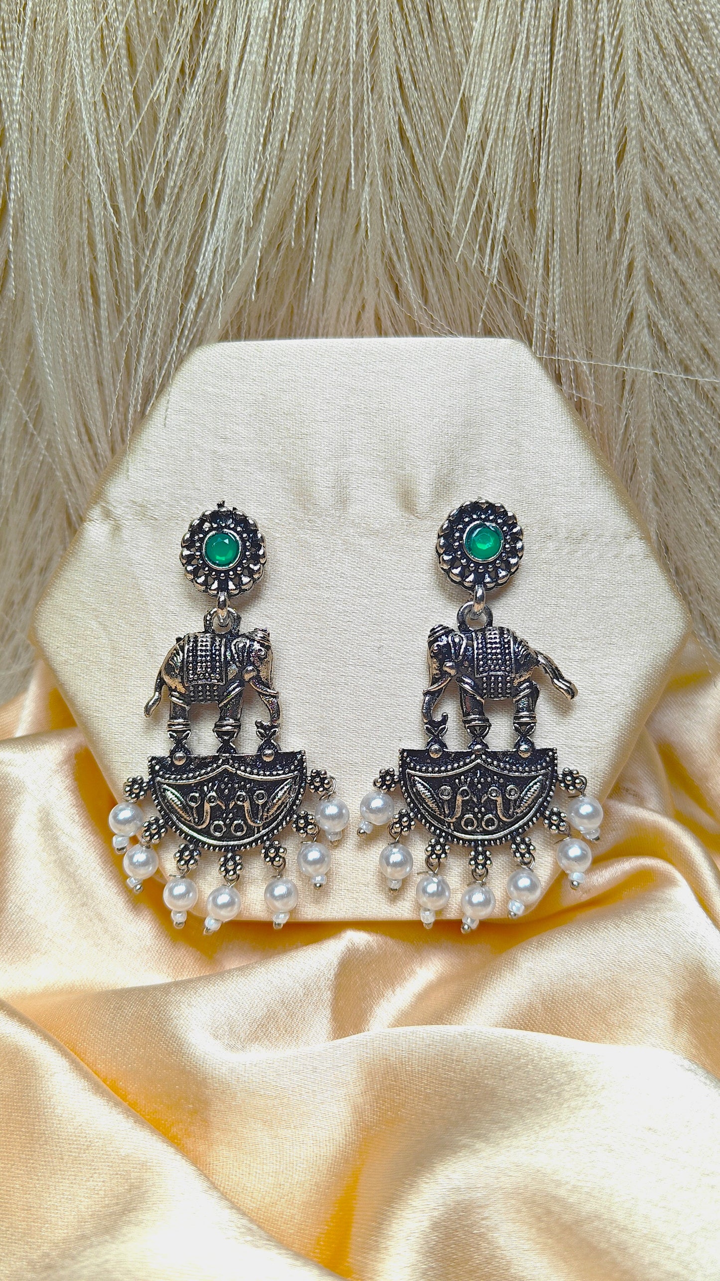 Regal Haathi Oxidised Pearl Dangler Earrings