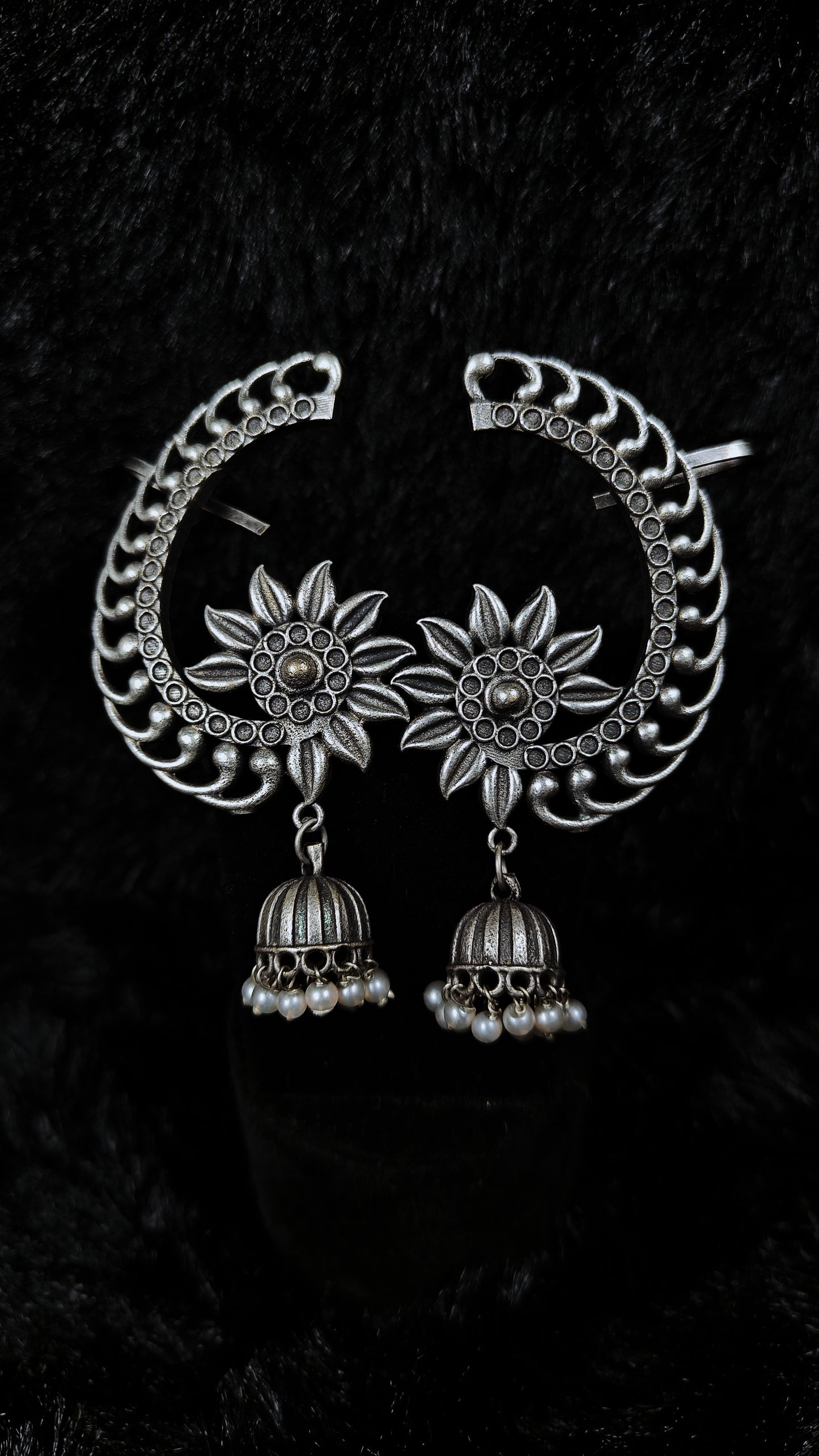 Oxidised crescent sunflower ear cuffs jhumki