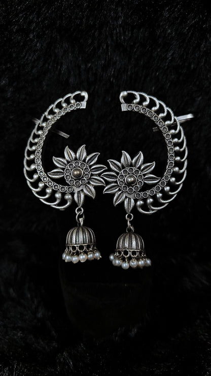 Oxidised crescent sunflower ear cuffs jhumki