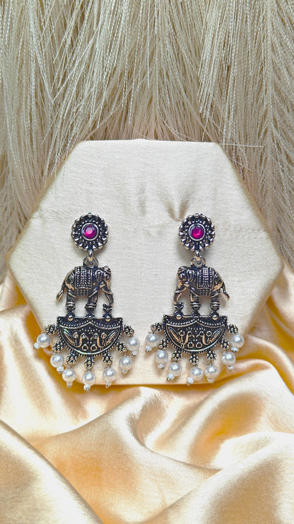 Royal Haathi Oxidised Pearl Dangler Earrings
