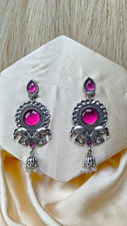 Royal Blush Elephant Oxidised Mirror Earrings