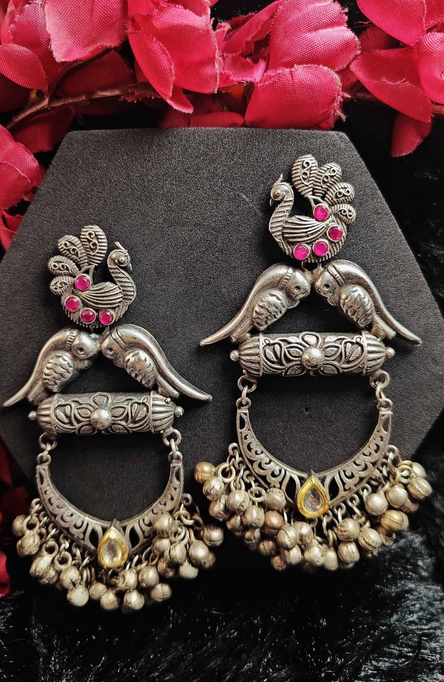 Twin-Bird Antique Oxidised Jhumka Dangler Earrings
