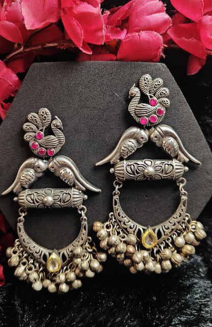 Twin-Bird Antique Oxidised Jhumka Dangler Earrings