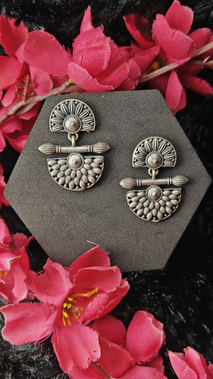 Oxidized silver half-moon floral earrings