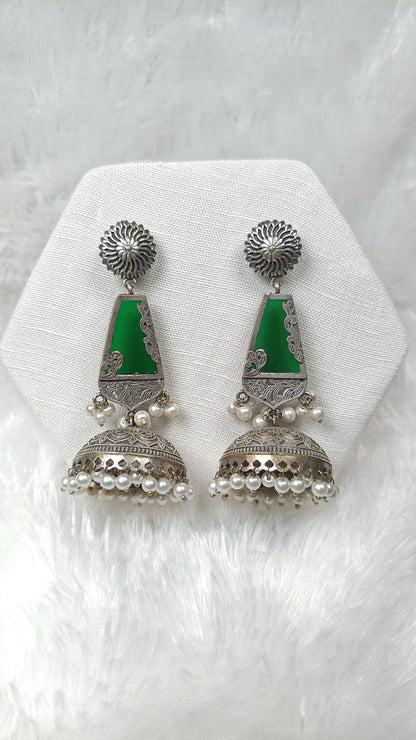Silver Green Stone Jhumka Earrings With Pearl Drops