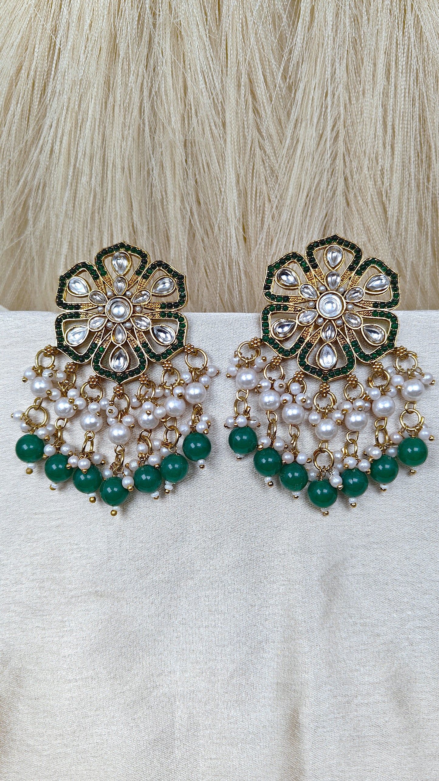 Emerald green kundan floral pearl chandbali earrings
