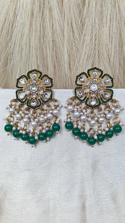 Emerald green kundan floral pearl chandbali earrings