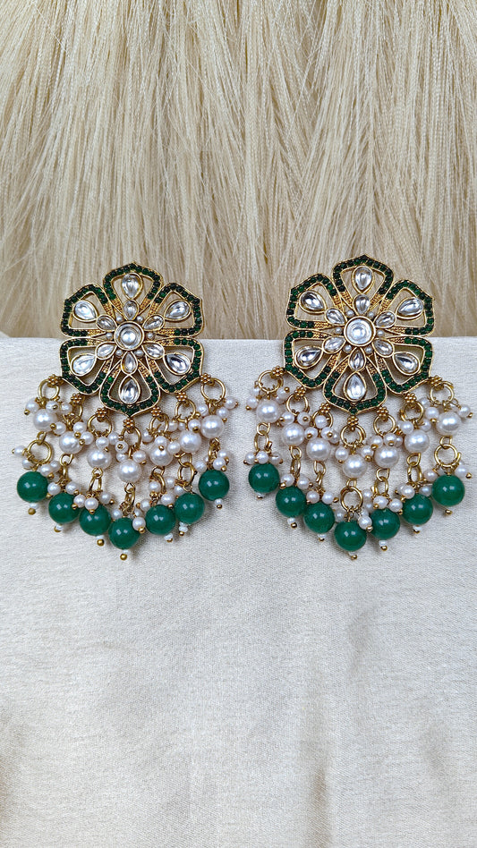 Emerald green kundan floral pearl chandbali earrings
