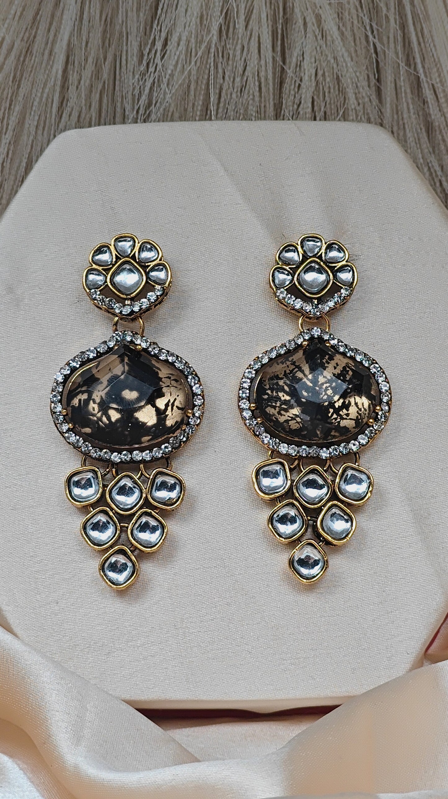 Luxury kundan studded earrings with black mirror stone