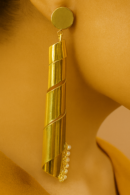 Golden Spiral Pearl Dangler Earrings