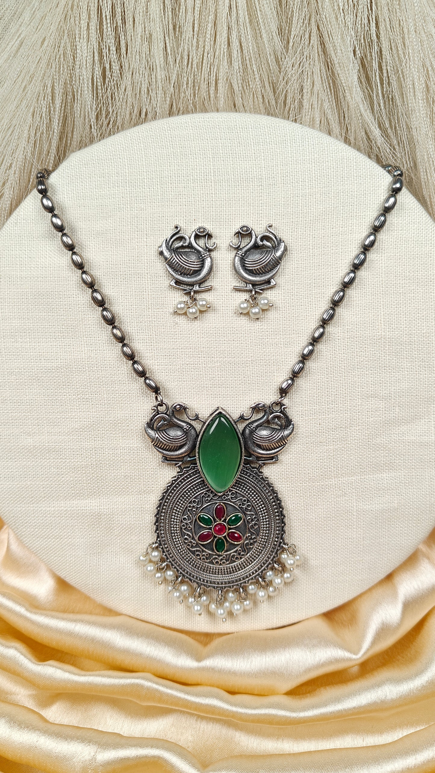 Silver Peacock Necklace Set With Green Stone & Pearl Drops