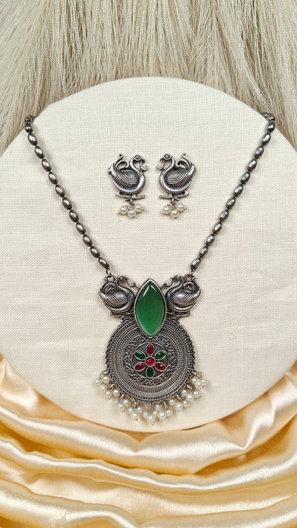 Silver Peacock Necklace Set With Green Stone & Pearl Drops