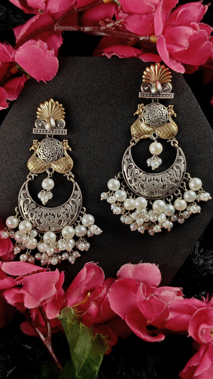 Antique Dual-Tone Peacock Jhumka Earrings With Pearl Clusters