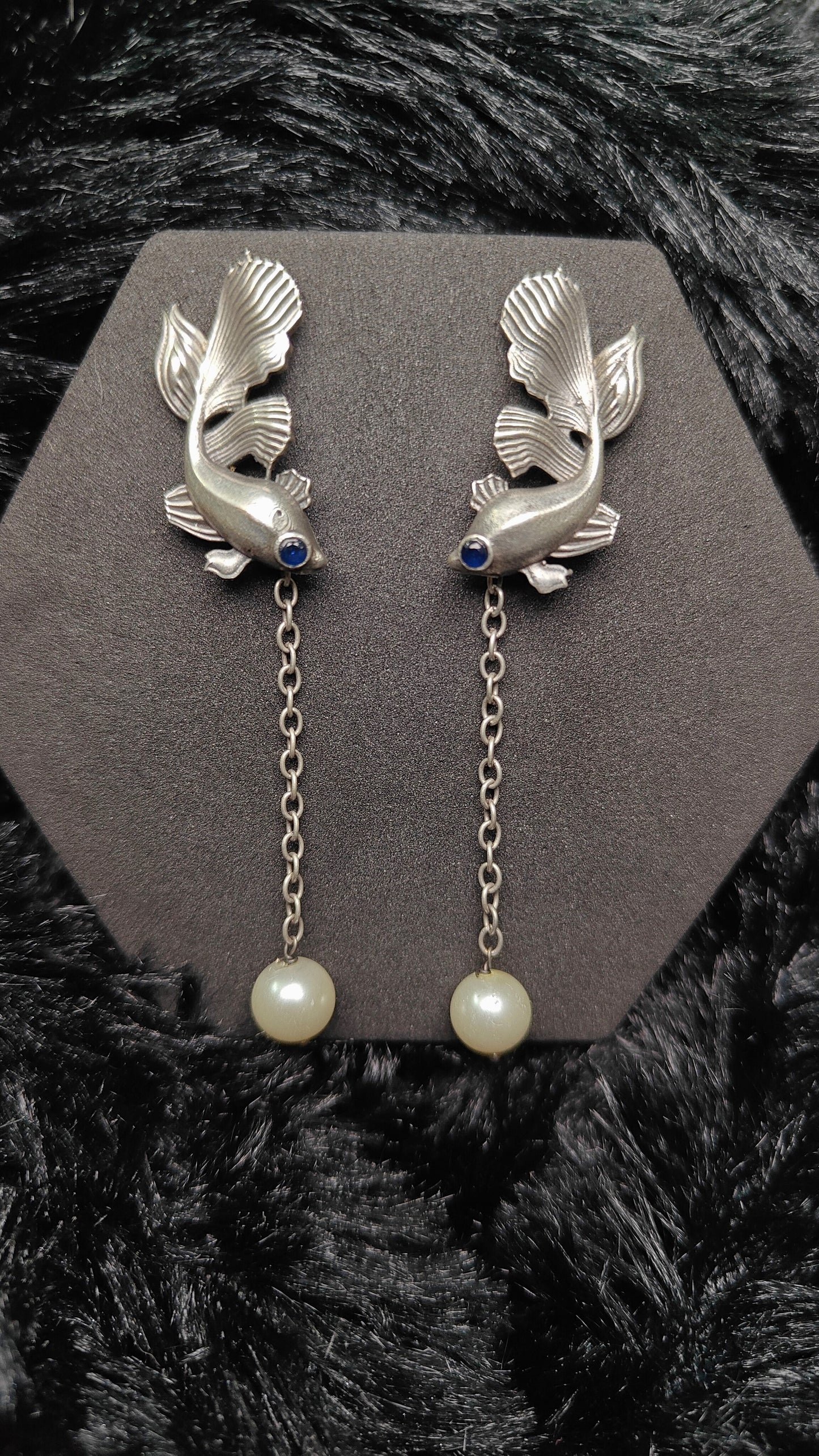 Silver Fish With green, blue and pink Stones Eyes & Pearl Drop