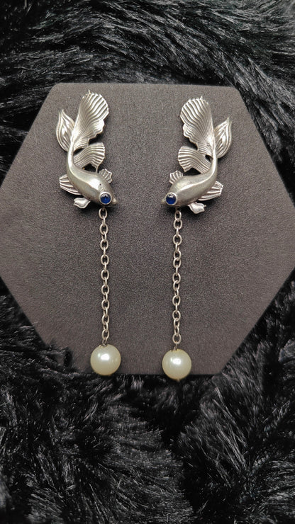 Silver Fish With green, blue and pink Stones Eyes & Pearl Drop