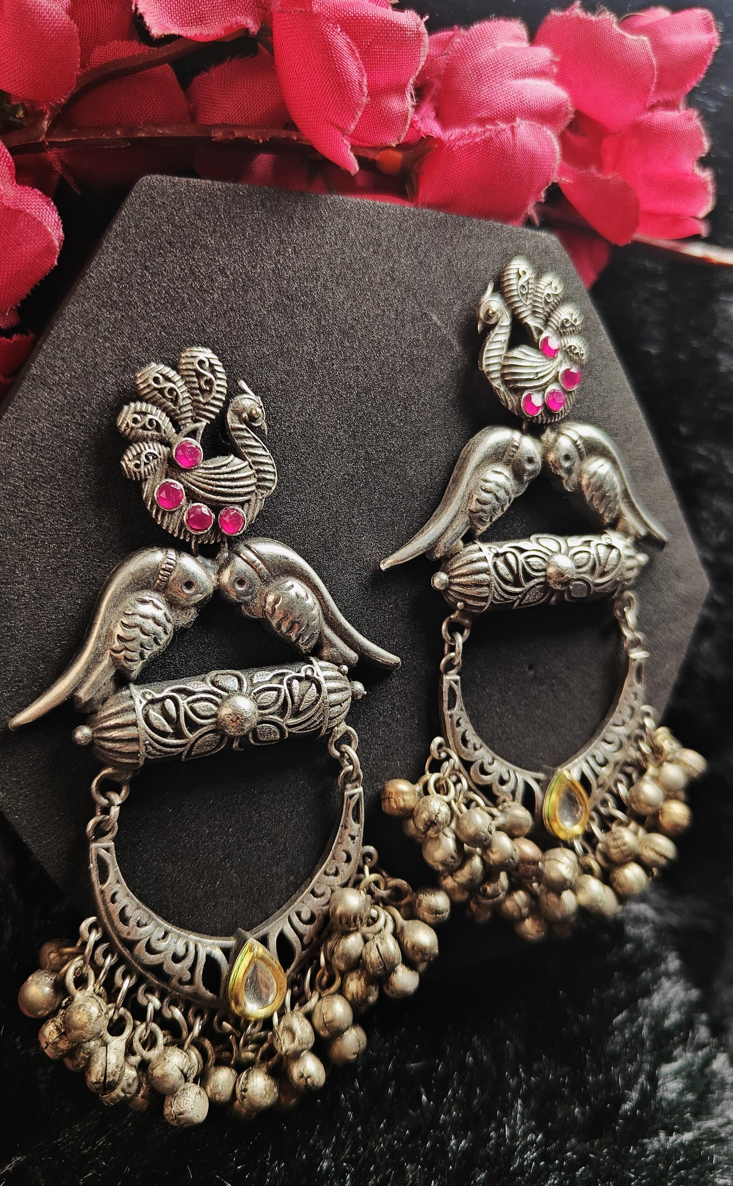 Twin-Bird Antique Oxidised Jhumka Dangler Earrings