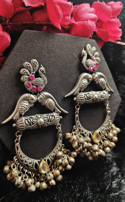 Twin-Bird Antique Oxidised Jhumka Dangler Earrings