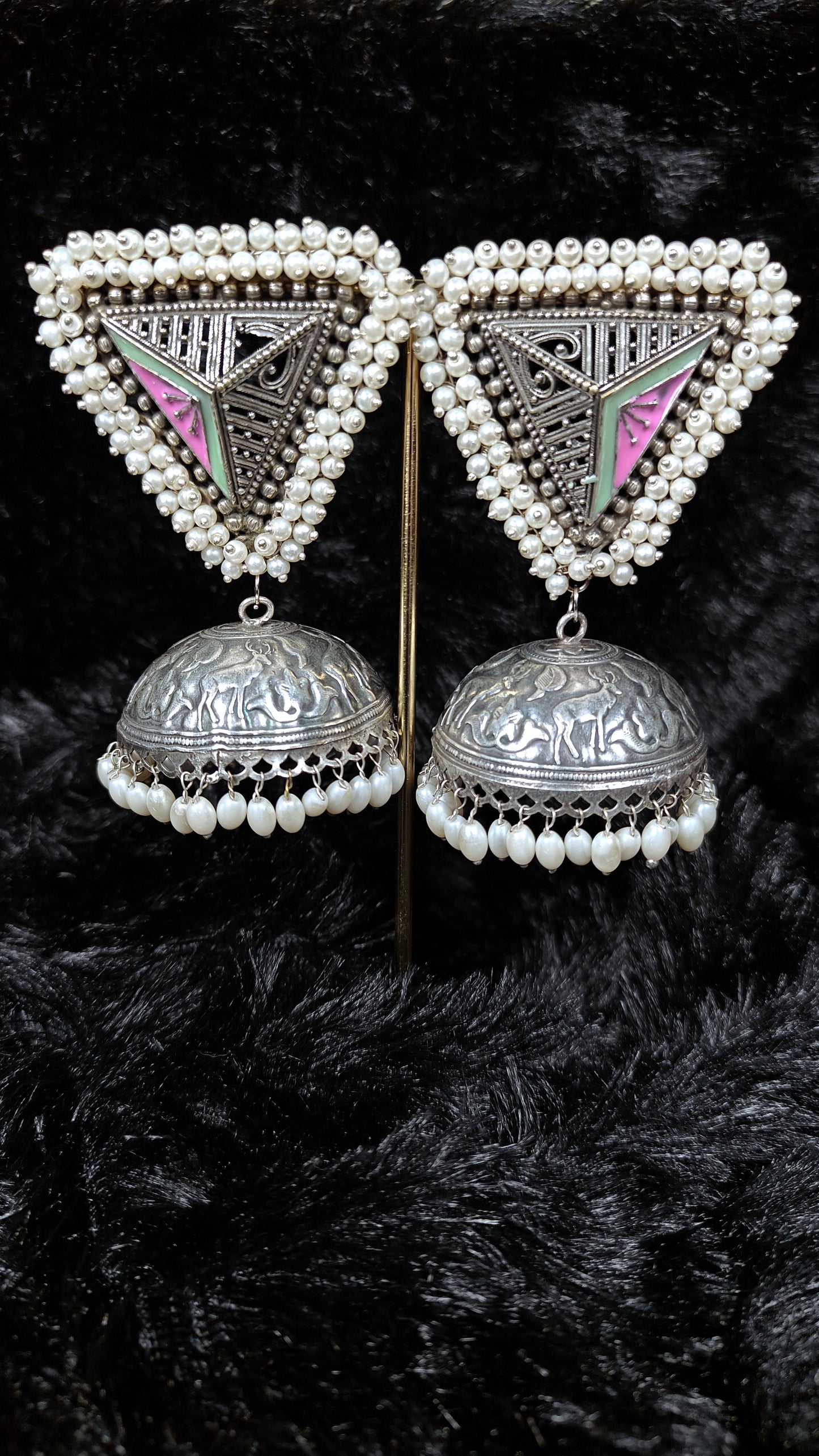 Royal Oxidized Dome Jhumka With Pearl Triangle Stud