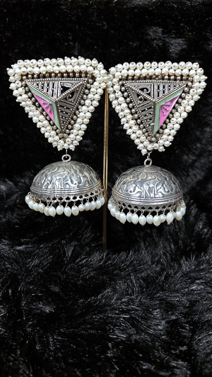 Royal Oxidized Dome Jhumka With Pearl Triangle Stud