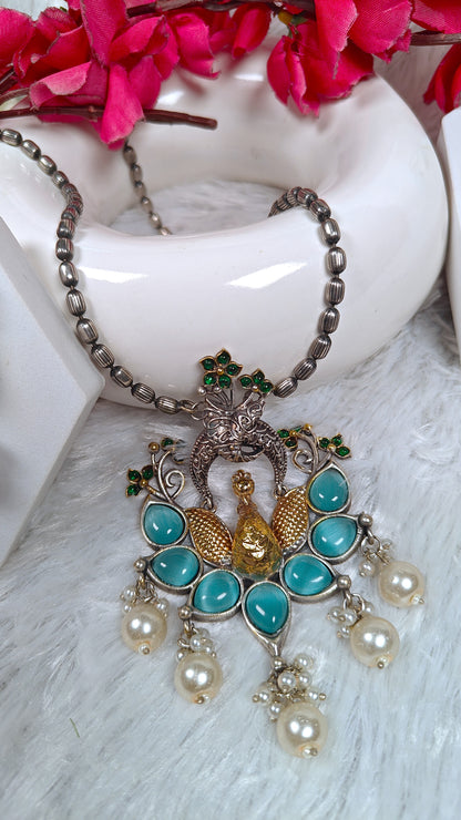 Aqua Feather Twin Peacock Pendant Set