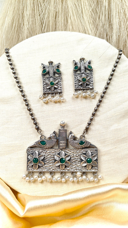 silver peacock green necklace set with earrings