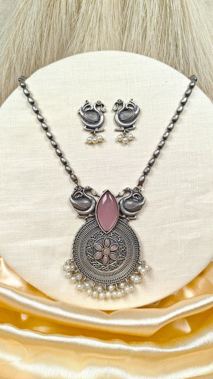 Swan Blossom Antique Silver Necklace Set