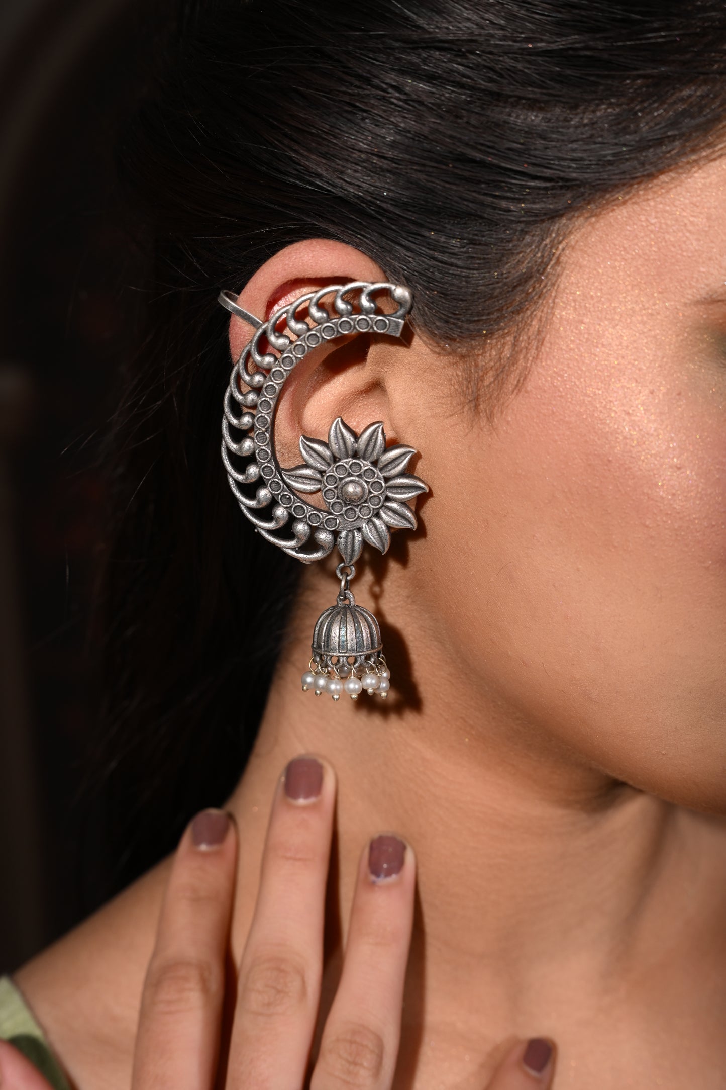 Oxidised crescent sunflower ear cuffs jhumki