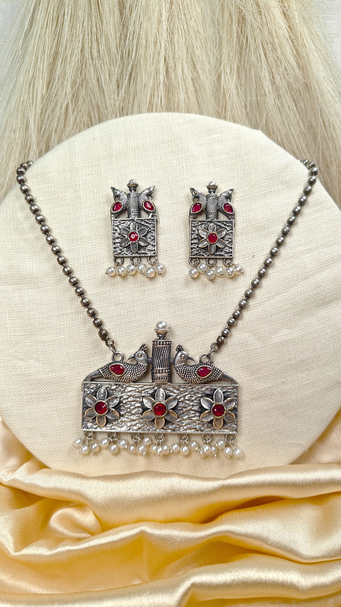 Oxidized silver peacock ruby stone necklace set
