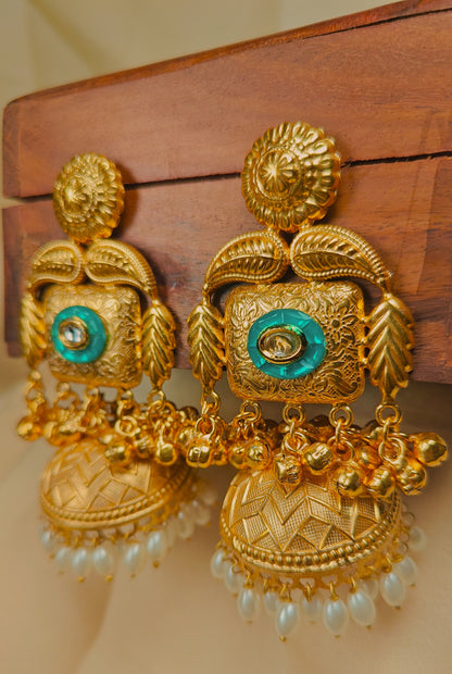 Zeenat-e-Kashmir Green Stone Jhumka Earrings