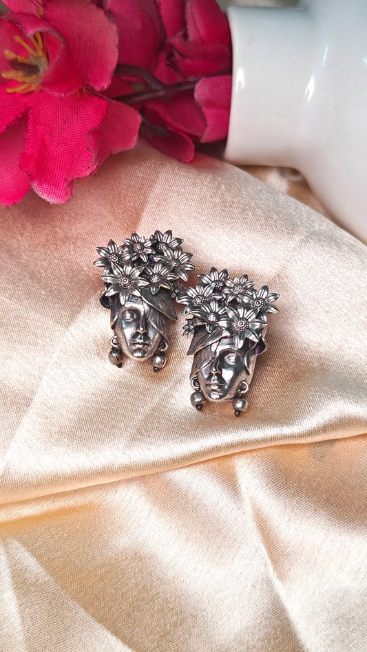 Silver Floral Crown Face Stud Earrings