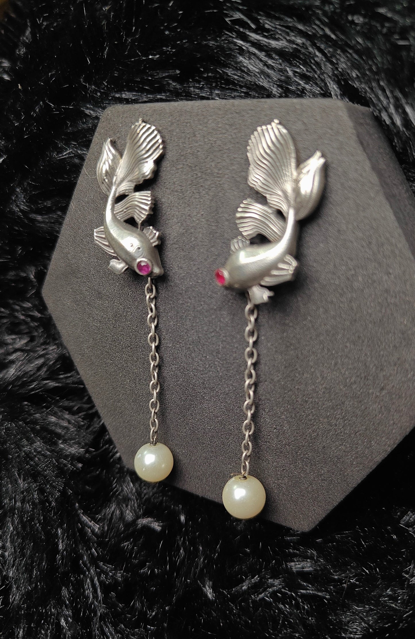 Silver Fish With green, blue and pink Stones Eyes & Pearl Drop