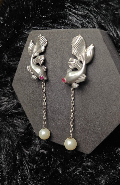 Silver Fish With green, blue and pink Stones Eyes & Pearl Drop