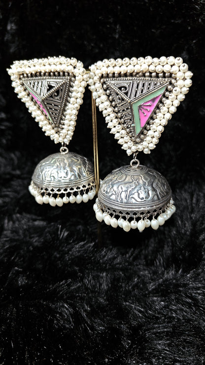 Royal Oxidized Dome Jhumka With Pearl Triangle Stud