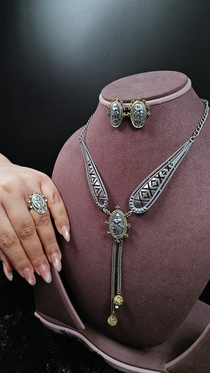 Royal Emblem Oxidised Pendant Necklace Set