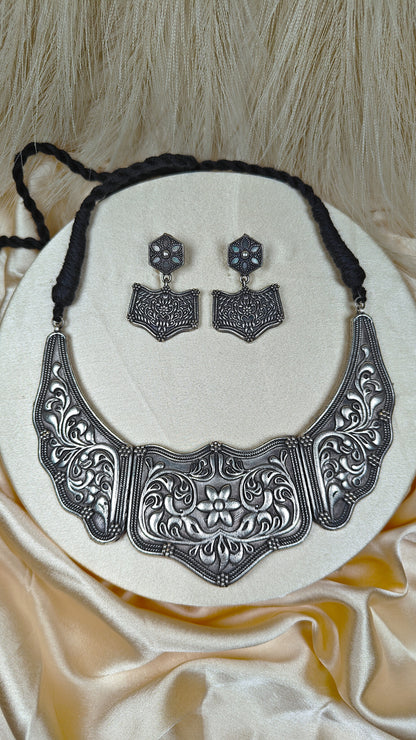 Antique Shield Motif Oxidised Necklace Set