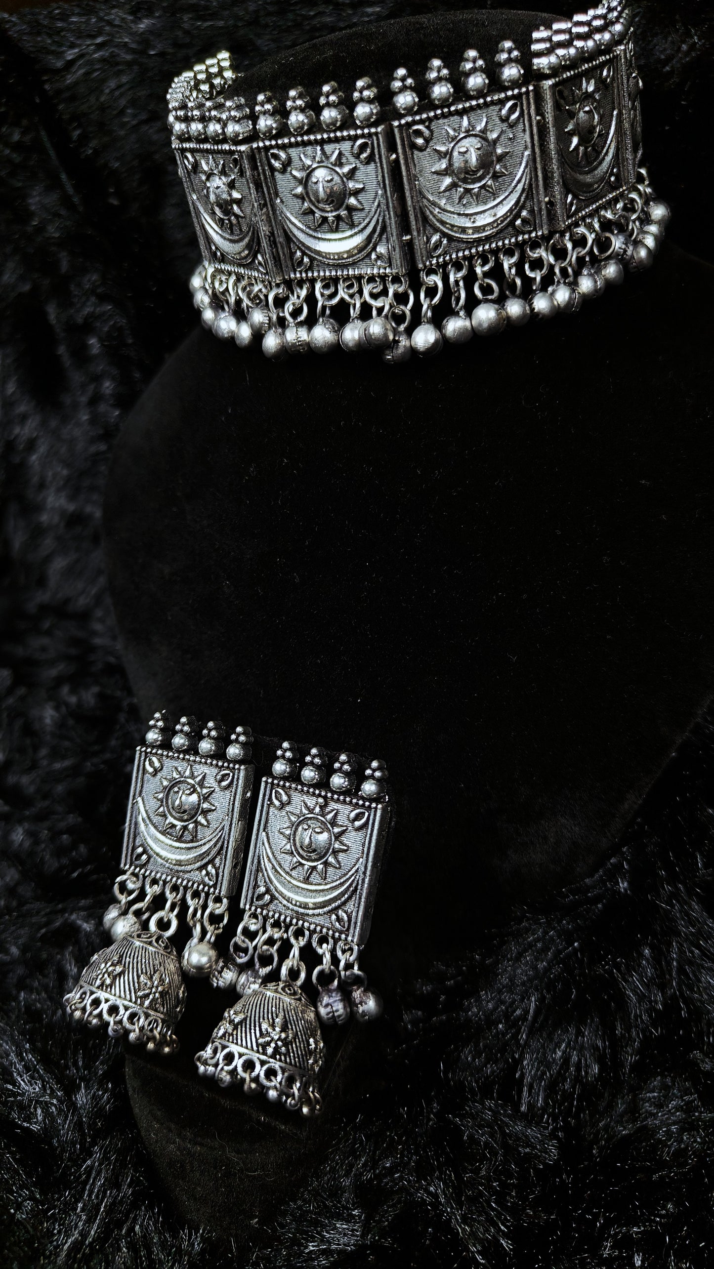 Tribal Sun-Motif Oxidised Mirror Choker Set