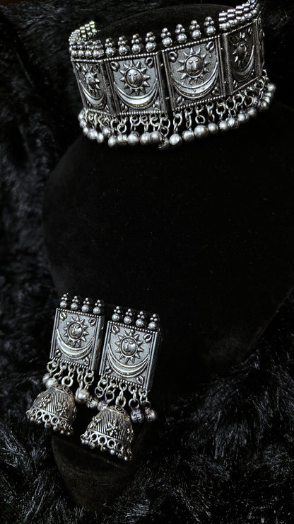 Tribal Sun-Motif Oxidised Mirror Choker Set