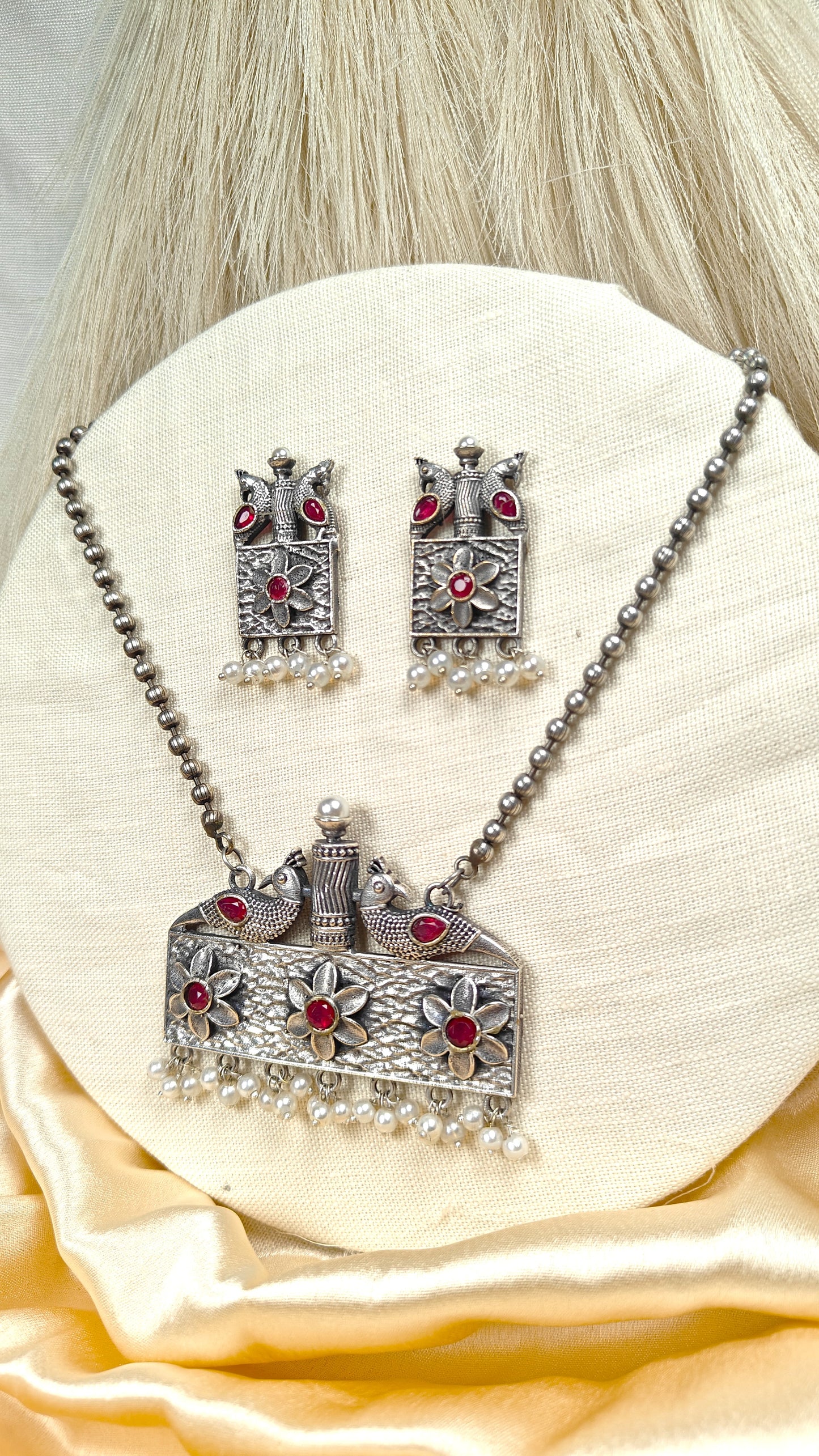 Oxidized silver peacock ruby stone necklace set