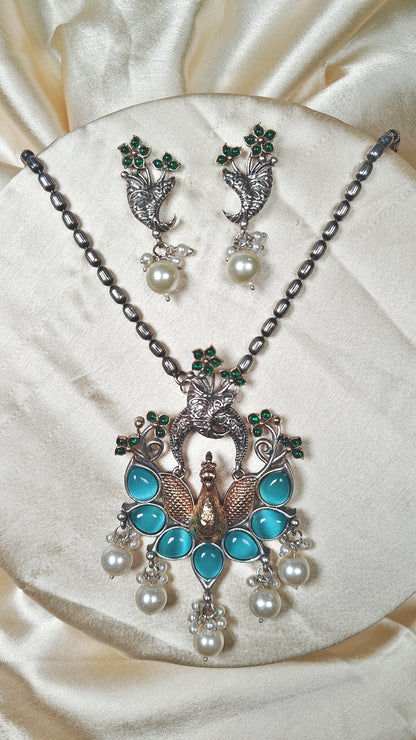 Aqua Feather Twin Peacock Pendant Set